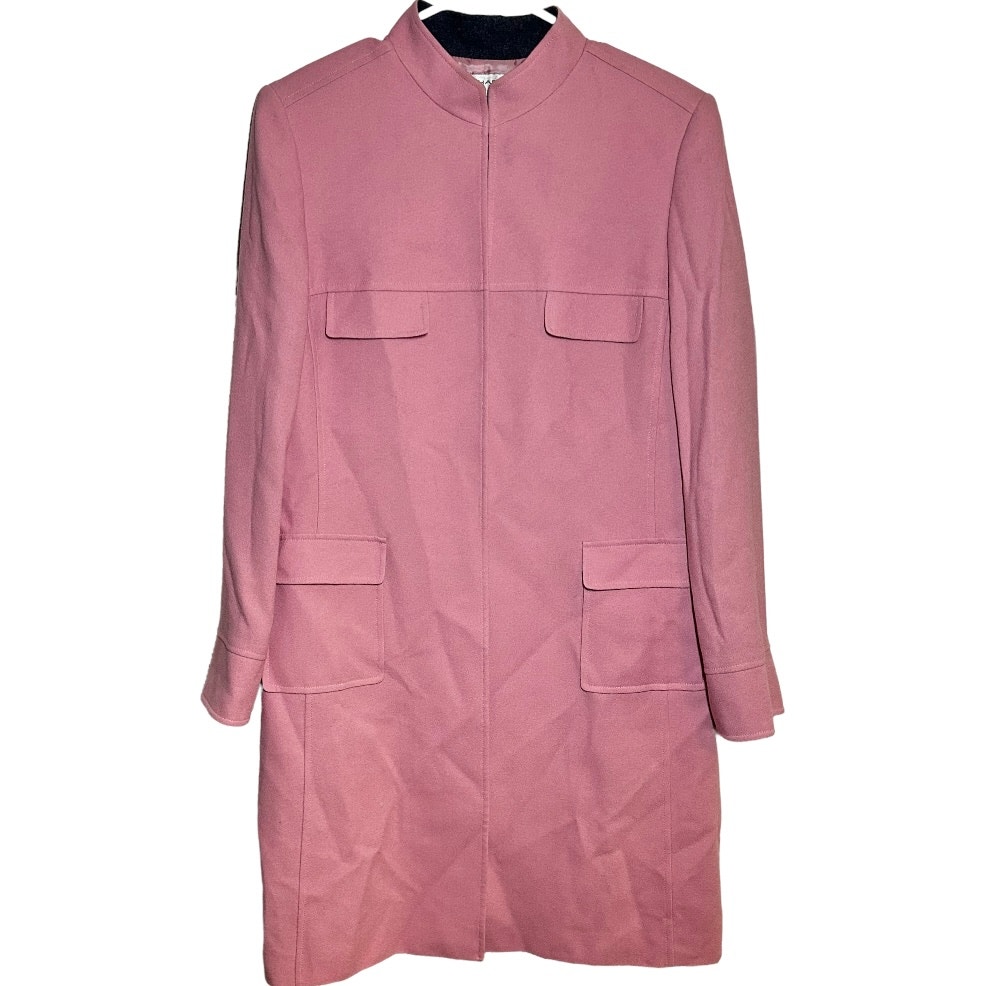 Tahari Trench Coat Full Zip Front Chest Hand Flap Pockets Stand Collar Pink 14